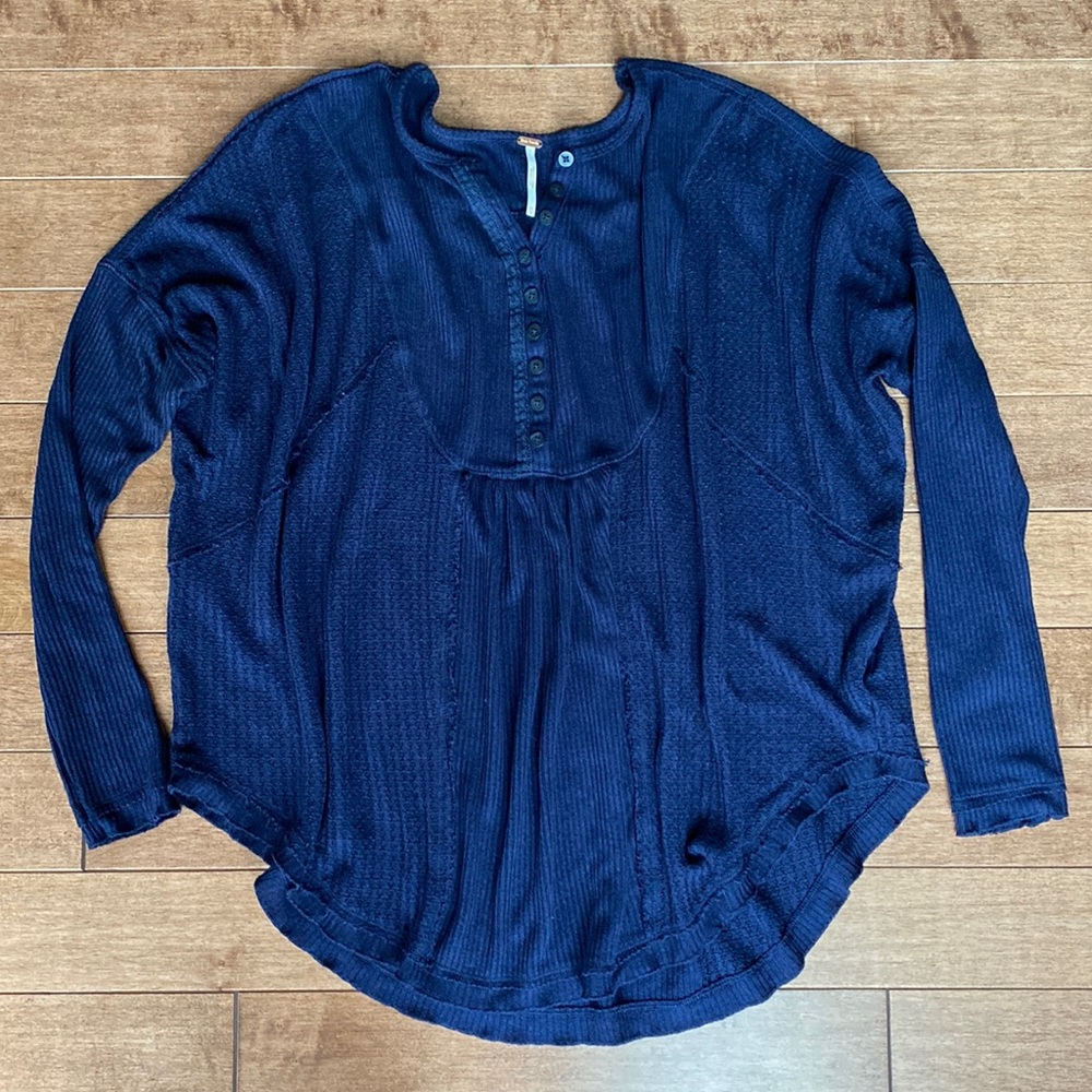 Free People Waffle Tunic Thermal Henley Navy Size XS